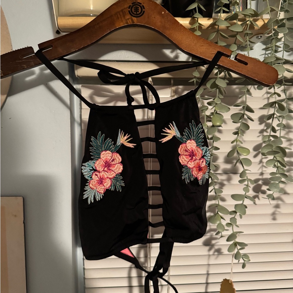 PINK Black Halter Top with Floral Embroidery